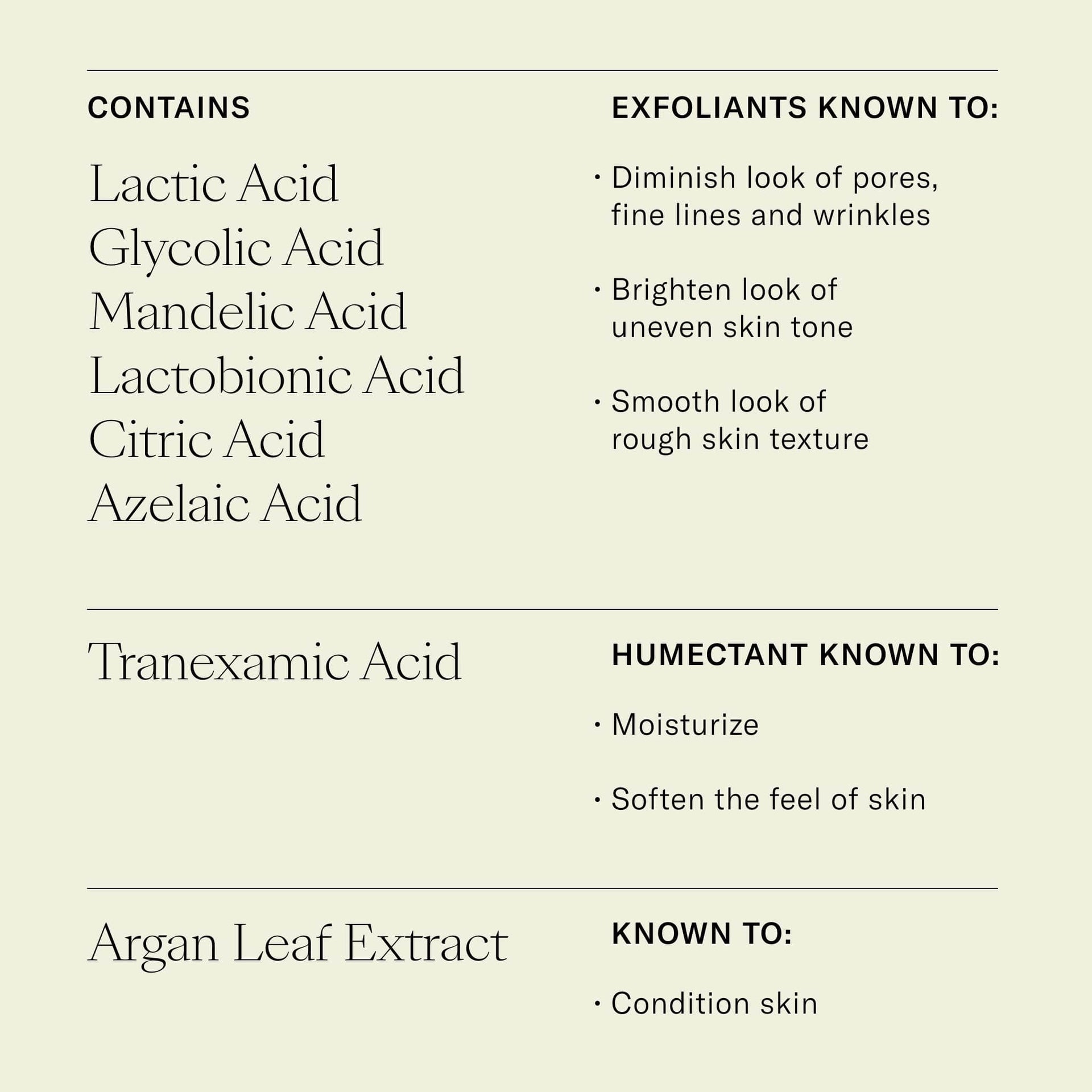 Contains Lactic Acid. Glycolic Acid. Mandelic Acid. Lactobionic Acid. Citric Acid. Azelaic Acid. Tranexamic Acid. Argan Leaf Extract. 