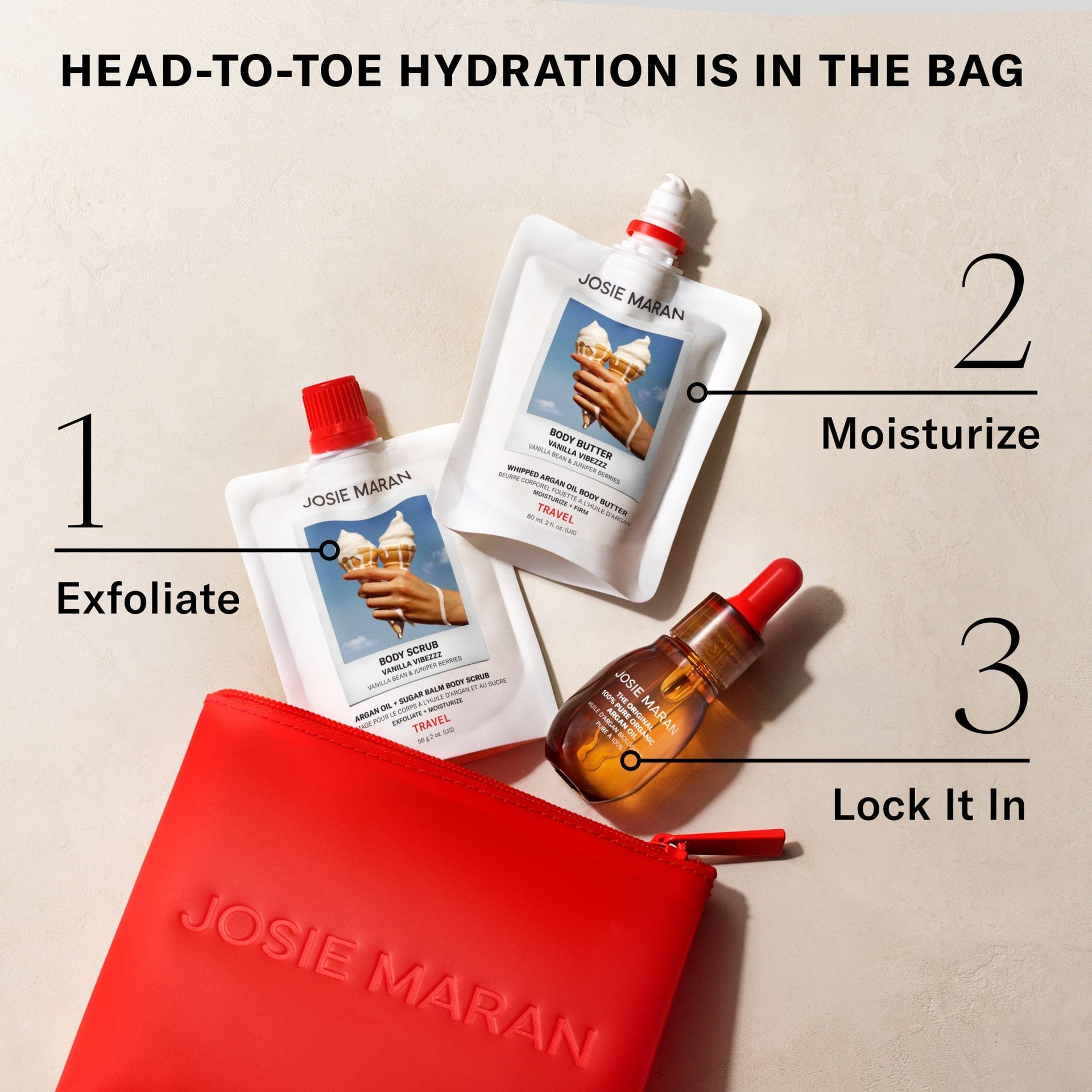 Head to-toe hydration is in the bag. 1. Exfoliate. 2. Moisturize. 3. Lock it in