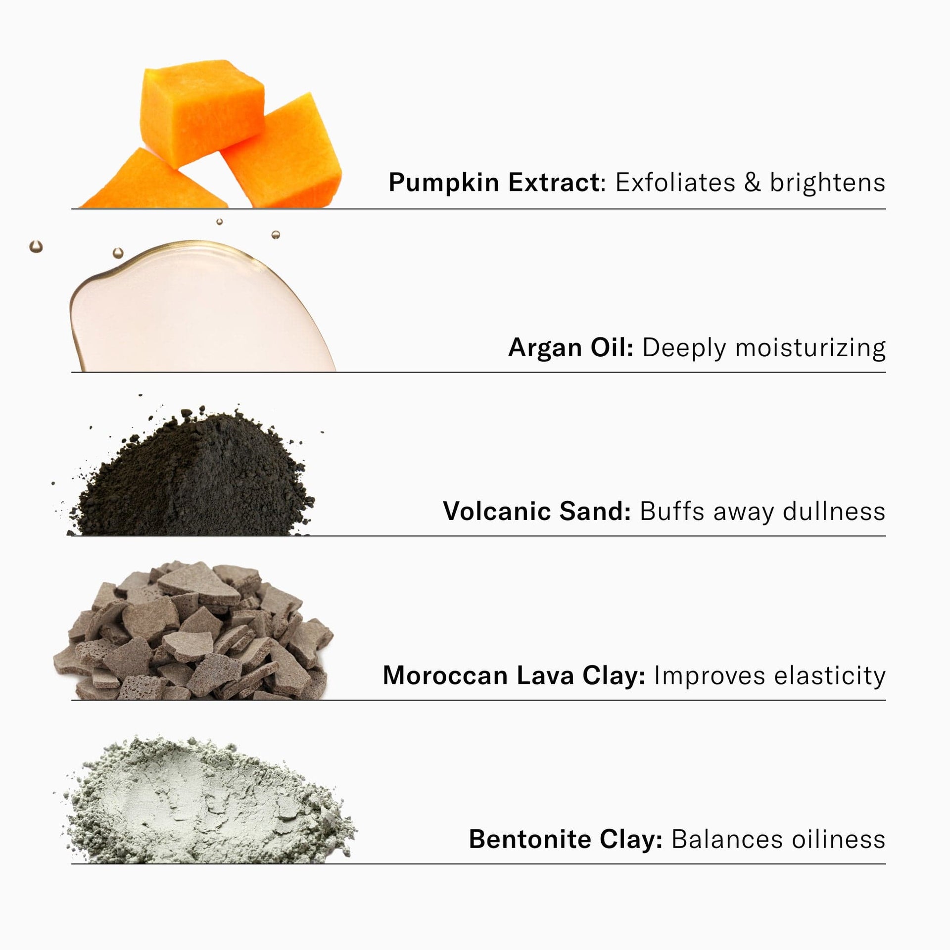 Ingredients. Pumpkin Extract. Argan Oil. Volcanic Sand. Moroccan Lava Clay. Bentonite Clay. 
