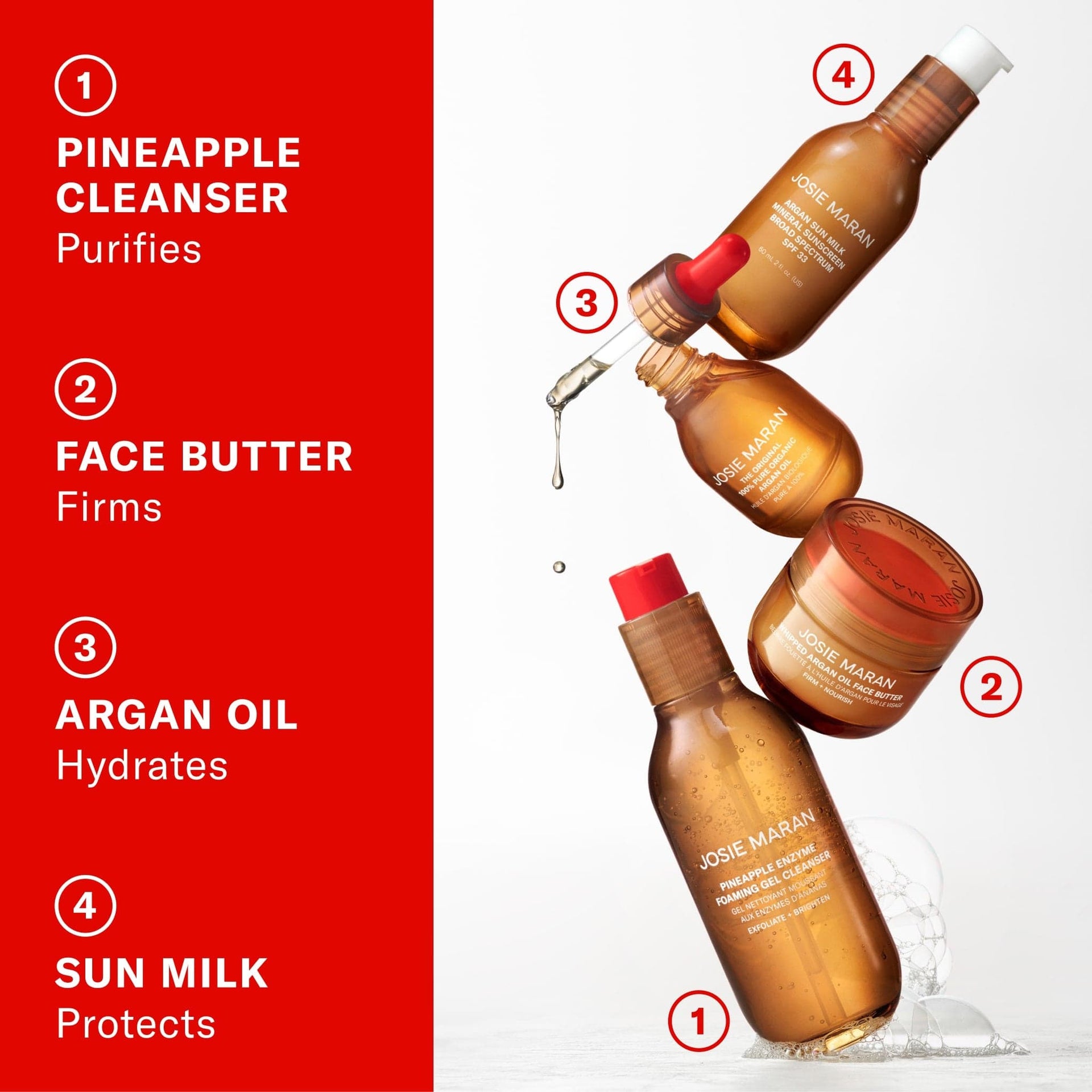 pineapple cleanser purifies. face butter firms. argan oil hydrates. sun milk protects.