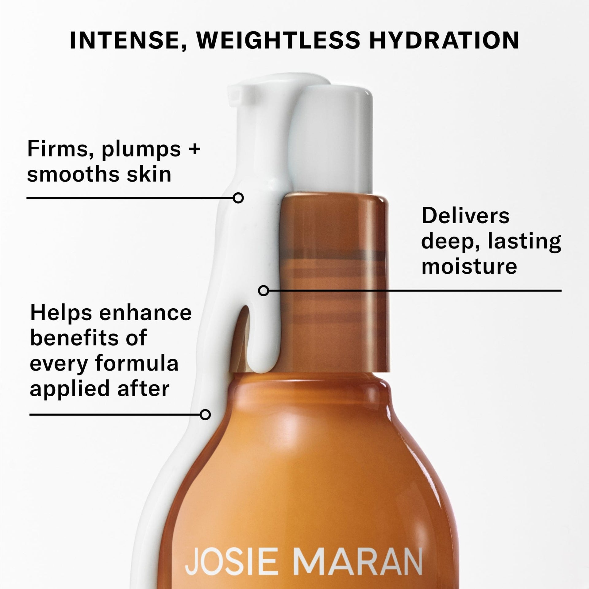 Intense, weightless hydration. Firms, plumps + smooths skin. Delivers deep, lasting moisture. Helps enhance benefits of every formula applied after.