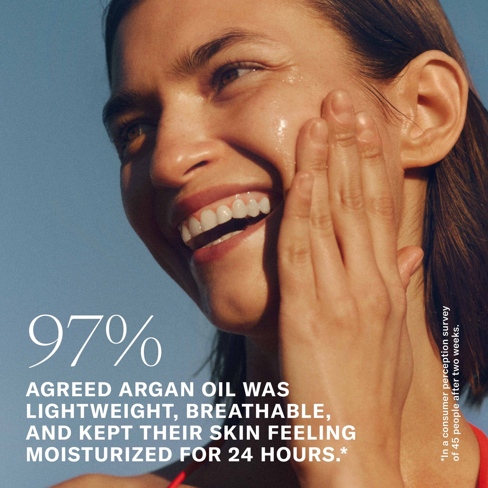 97% agreed argan oil was lightweight, breathable, and kept their skin feeling moisturized for 24 hours. *In a consumer perception survey of 45 people after 2 weeks.